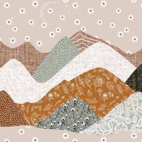 54x72 blanket: layered mountains // green olive no. 2, 23-1 daisies, spice no. 2, laurel whitnie floral, sugar sand, otter lace, tess rust