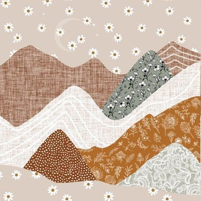9" square: layered mountain // 23-1 daisies, spice no. 2, laurel whitnie floral, sugar sand, otter lace, tess rust