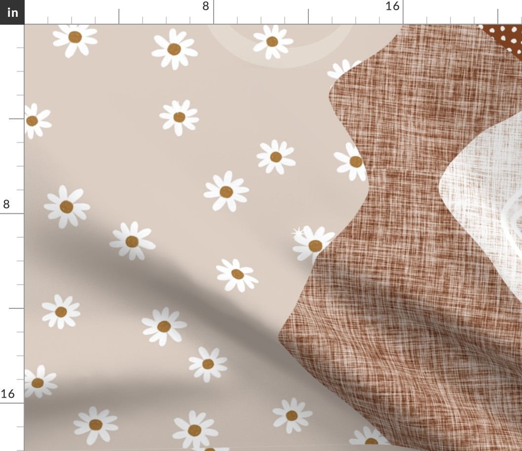 42x72 for crib sheet: layered mountains // green olive no. 2, 23-1 daisies, spice no. 2, laurel whitnie floral, sugar sand, otter lace, tess rust