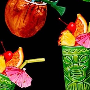 Tiki Cocktail Pattern - Black (Large Scale)