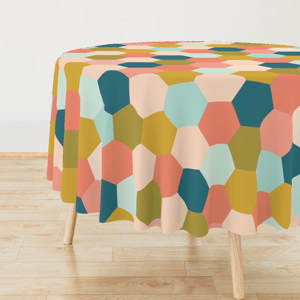 coral and teal hexagon wholecloth