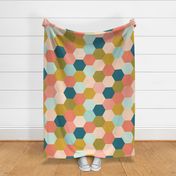 coral and teal hexagon wholecloth