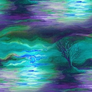 seamless painted sunset tree on lake landscape night turquoise purple mystery FLWRHT