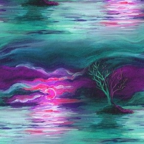 seamless painted sunset tree on lake landscape purple aqua turquoise pink FLWRHT