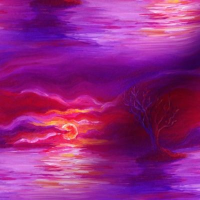 seamless painted sunset tree on lake landscape purple orange pink violet fire FLWRHT