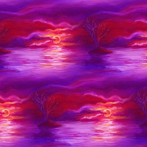 seamless painted sunset tree on lake landscape purple orange pink violet fire FLWRHT