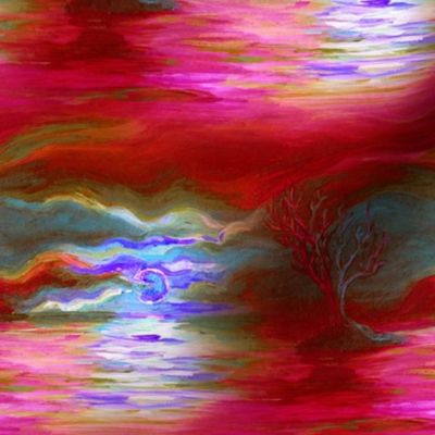 seamless painted sunset tree on lake landscape red pink blue FLWRHT