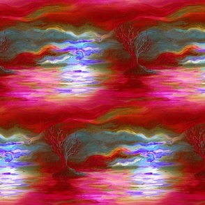 seamless painted sunset tree on lake landscape red pink blue FLWRHT