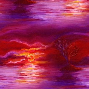 seamless painted sunset tree on lake landscape red purple orange fire FLWRHT