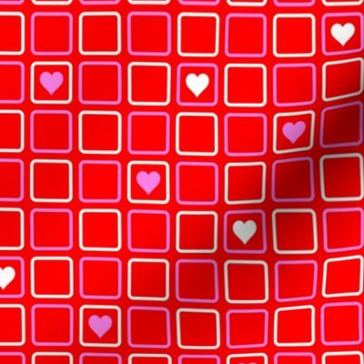 60s mod squares an hearts pink and white on red