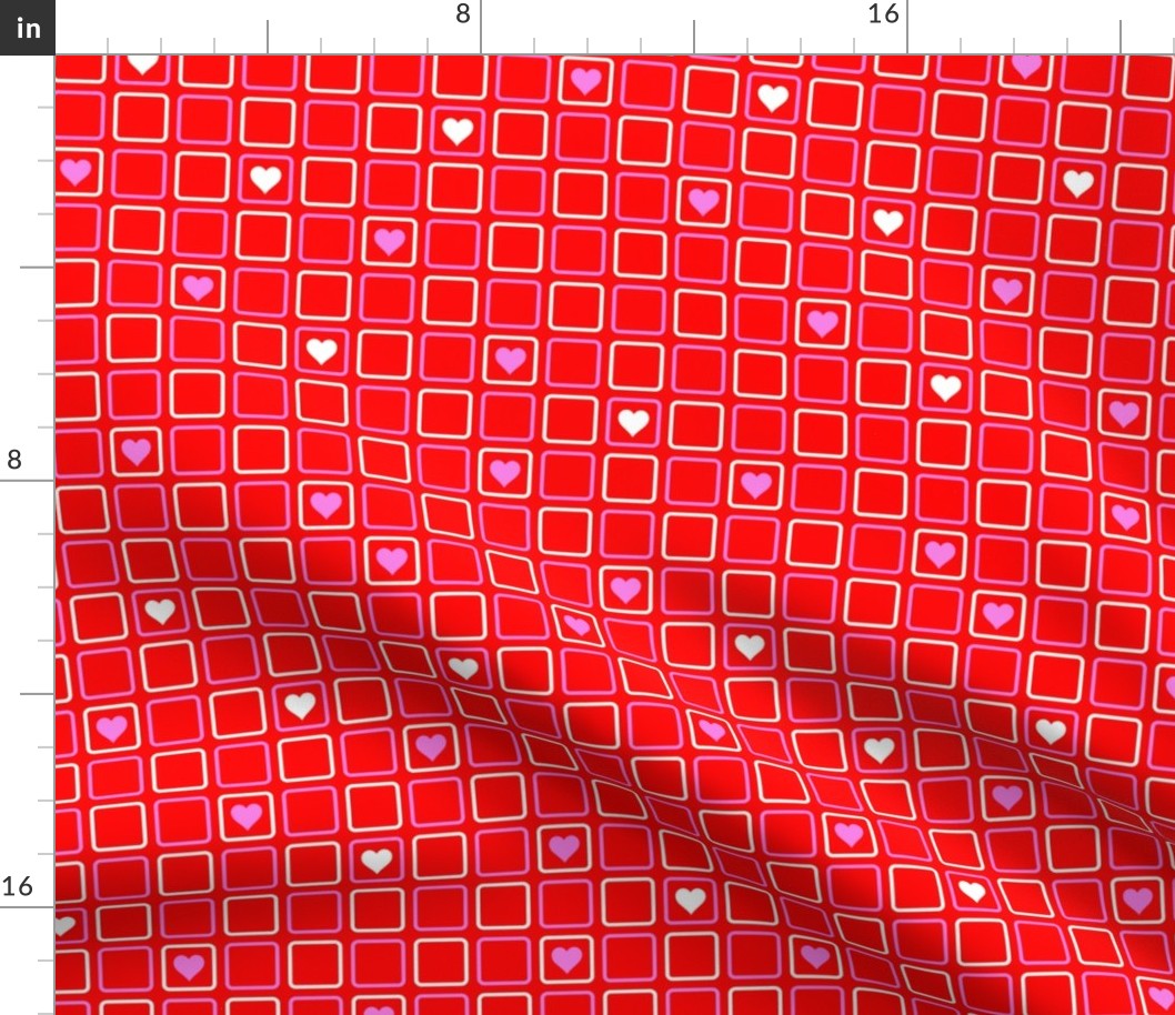 60s mod squares an hearts pink and white on red