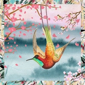 8" x 8" japan hummingbird framed bamboo cherry blossom asia checkerboard bird flwrht