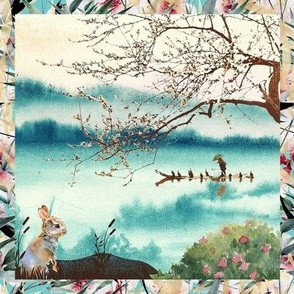8" x 8" japan bunny framed bamboo cherry blossom asia lake fischerman checkerboard flwrht