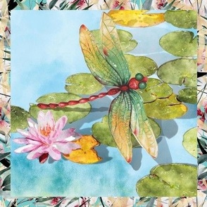 8" x 8" japan dragonfly green framed lotus bamboo flower asia checkerboard flwrht