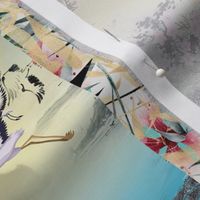 8" x 8" japan crane bird framed bamboo mountain lake asia checkerboard flwrht