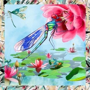 8" x 8" japan dragonfly pink lotus bamboo flower asia checkerboard flwrht