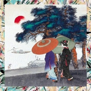 8" x 8" japanese girls rain umbrella trees asia frame checkerboard flwrht