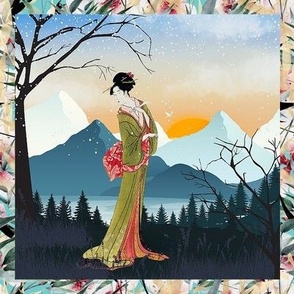 8" x 8" japanese girl mountain snow sunset tree asia frame checkerboard flwrht
