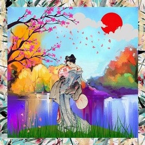 8" x 8" japanese girl bright bath lake mountain sunrise sunset asia cherry blossom frame checkerboard flwrht