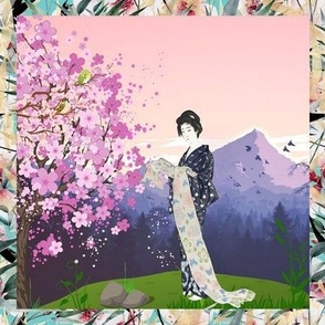 8" x 8" japanese girl asia cherry blossom mountain frame checkerboard flwrht