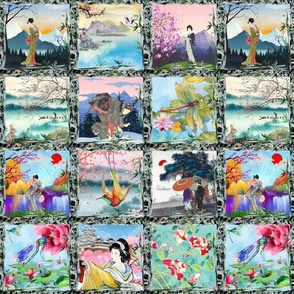 MEDIUM JAPANESE FRAMES CHECKERBOARD GIRL MOUNTAIN BIRD DRAGONFLY SUNSET LAKE FLOWERS BAMBOO CHARACTERS FLWRHT