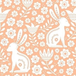 Medium Scale Easter Folk Flowers and Bunny Rabbits Spring Scandi Floral in Peach Fuzz Pantone Color of The Year 2024