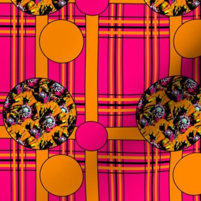 Tartan & Poppies - Orange & Pink - Pattern