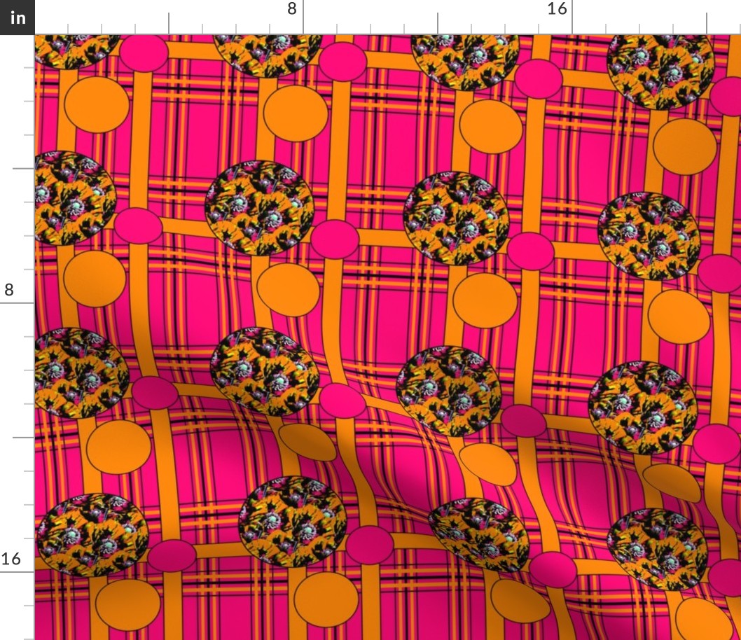 Tartan & Poppies - Orange & Pink - Pattern