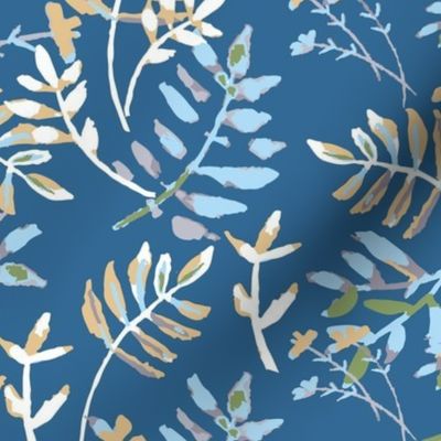 376 - Large scale watercolour leaves and foliage in tones of mid blue, baby blue, sage green, soft creamy yellow – perfect for apparel for adults and kids alike, summer dresses, autumn skivvies, turtle nicks, home decor, feminine bedlinen, striking decor.