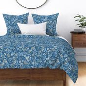 376 - Large scale watercolour leaves and foliage in tones of mid blue, baby blue, sage green, soft creamy yellow – perfect for apparel for adults and kids alike, summer dresses, autumn skivvies, turtle nicks, home decor, feminine bedlinen, striking decor.