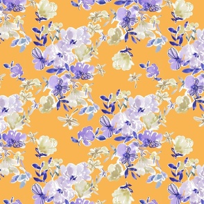 Transition Floral  Watercolor Pattern Orange 1 ft Hand Drawn Blue Purple Colorful Fabric Wallpaper