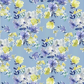 Transition Floral Pattern Blue White Stripes Watercolor 1 ft Hand Drawn Purple Green Colorful Fabric Wallpaper