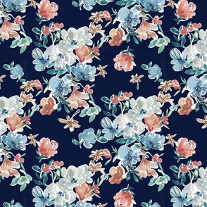 Transition Floral Watercolor Pattern Navy Blue 1 ft Hand Drawn Grey Fabric Wallpaper