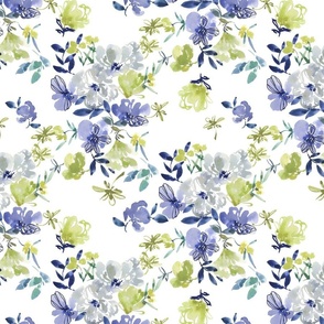 Transition Floral Watercolor Pattern White Background 1 ft Hand Drawn Blue Purple Green Colorful Fabric Wallpaper