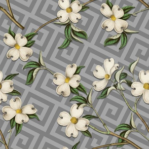 WHITE DOGWOOD GREEK KEY (SILVER GRAY)