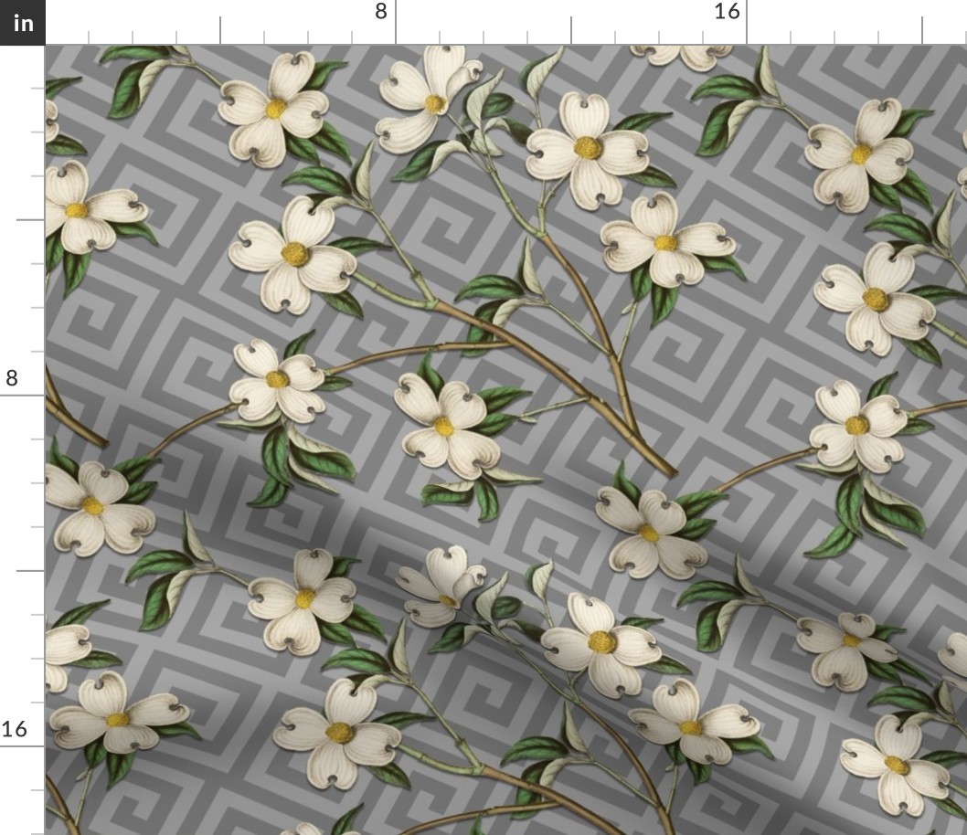 WHITE DOGWOOD GREEK KEY (SILVER GRAY)