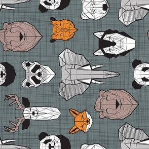 Small scale rotated // Friendly Geometric Animals // green grey linen texture background black and white orange brown and grey deers bears foxes wolves elephants raccoons lions owls and pandas