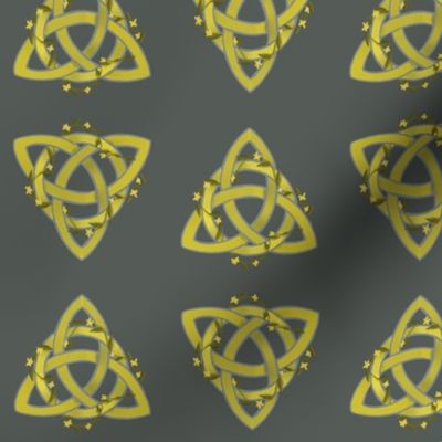 Celtic knot in triangle with 3 D effect in yellow and silver with wound flowers and leaves on dark grey background