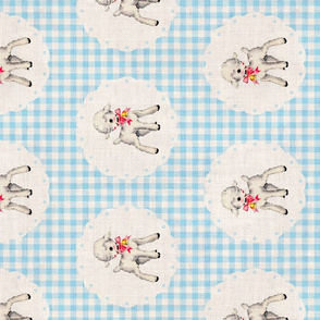 Spring Lambs on Light Blue Gingham Linen Rotated - large scale