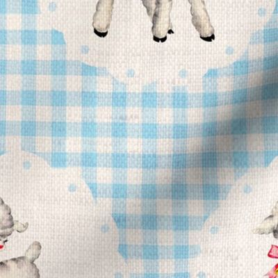 Spring Lambs on Light Blue Gingham Linen - large scale