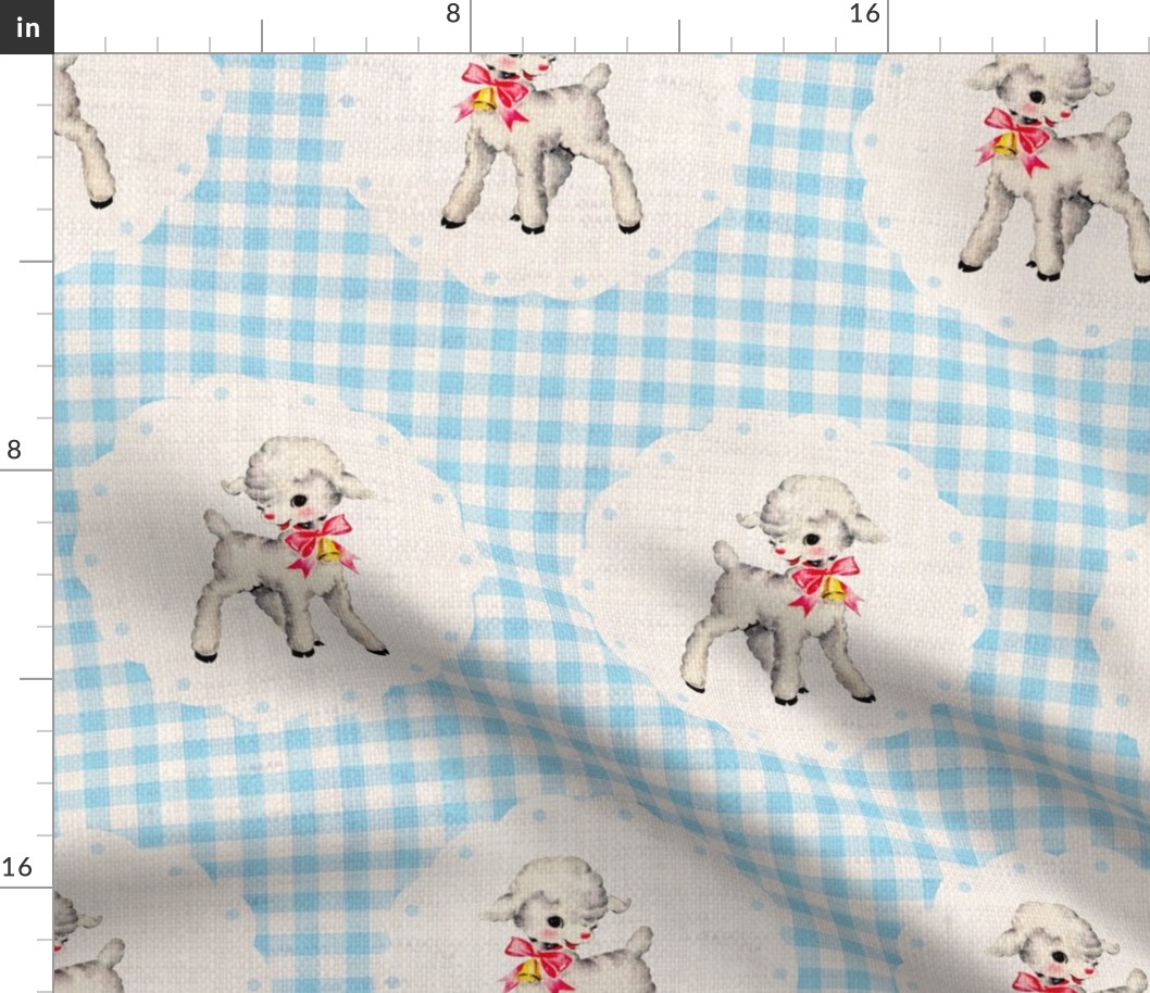 Spring Lambs on Light Blue Gingham Linen - large scale