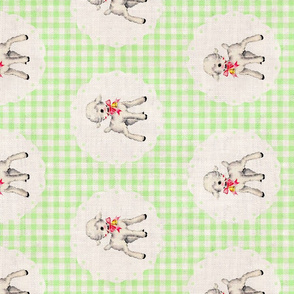 Spring Lambs on Light Green Gingham Linen Rotated - large scale