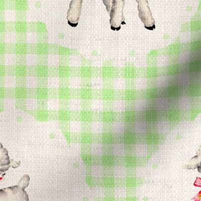  Spring Lambs on Light Green Gingham Linen - large scale
