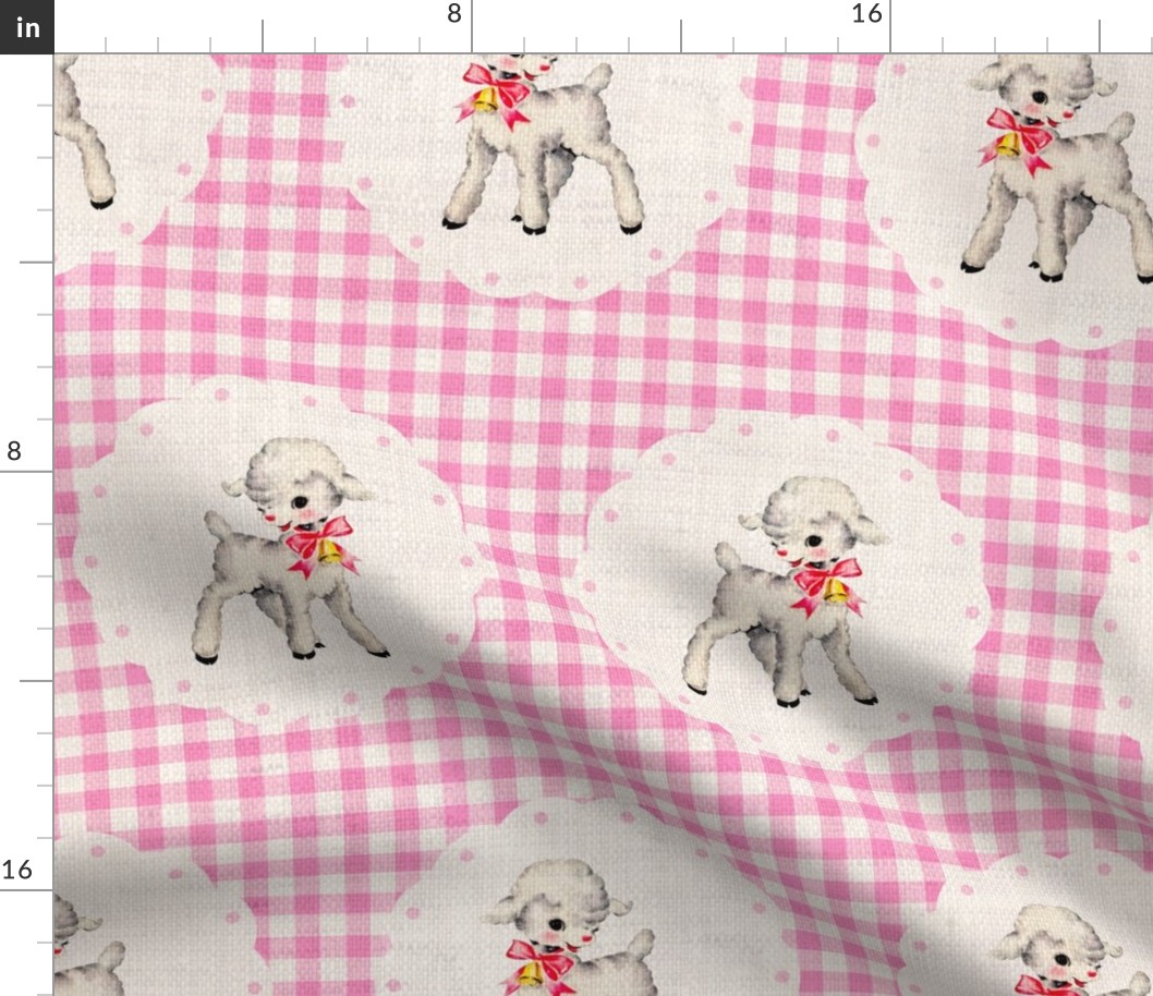 Spring Lambs on Light Pink Gingham Linen - large scale