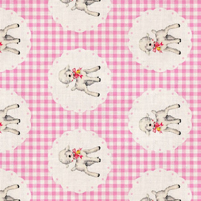 Spring Lambs on Light Pink Gingham Linen Rotated - large scale