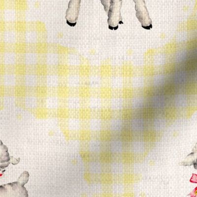 Spring Lambs on Light Yellow Gingham Linen - large scale