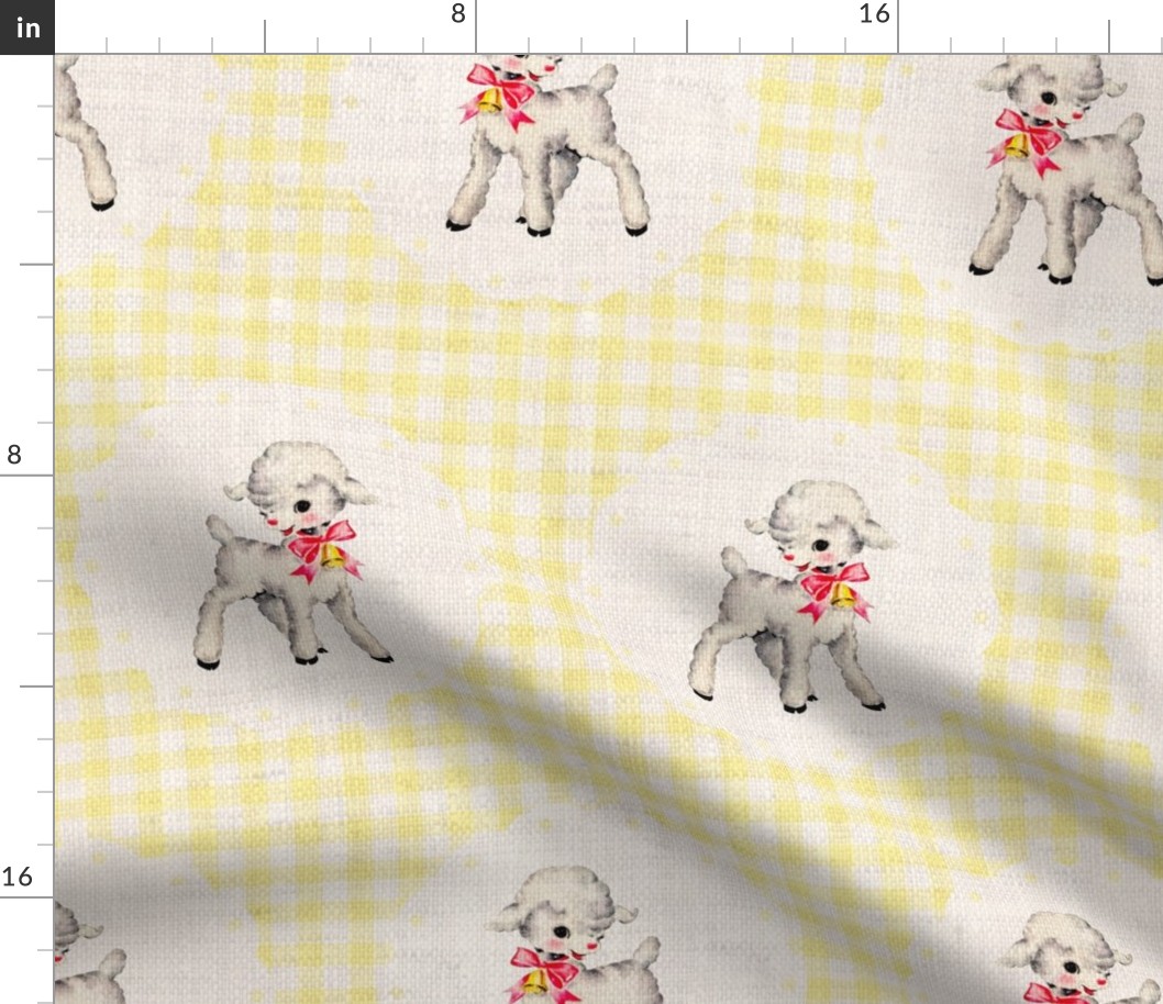 Spring Lambs on Light Yellow Gingham Linen - large scale