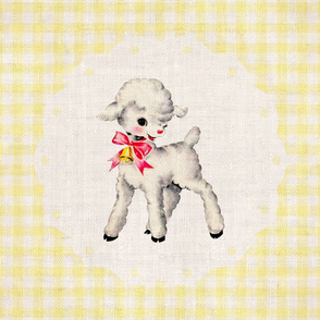 Spring Lamb on Light Yellow Gingham Linen 18 inch square