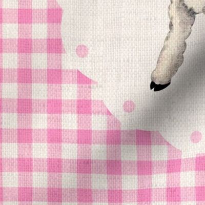 Spring Lamb on Light Pink Gingham Linen 18 inch square