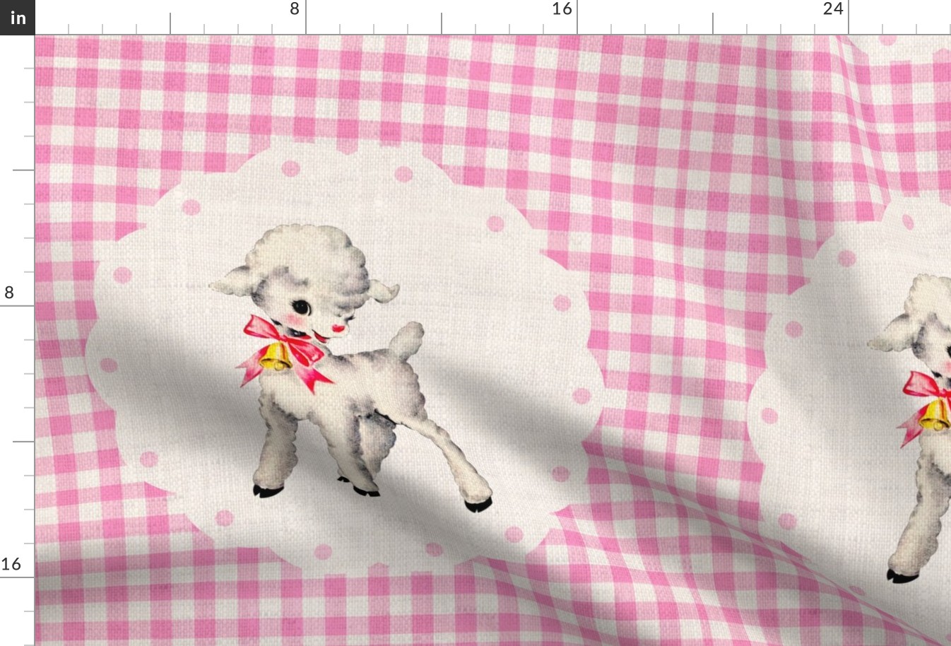 Spring Lamb on Light Pink Gingham Linen 18 inch square